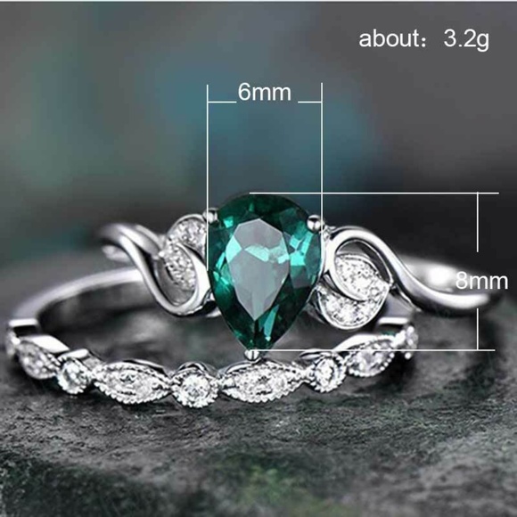 2pec/set  Silver  Pear Cut Emerald Ring New - Picture 3 of 4